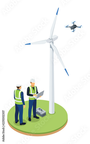 Engineers inspecting a wind turbine with a drone isolated on white background, Vector, illustration