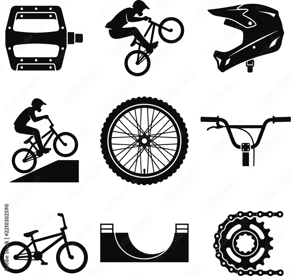Obraz premium Set of nine black flat vector icons representing BMX cycling elements including a pedal, rider trick, helmet, jump, wheel, handlebar, bike, ramp, and chainring