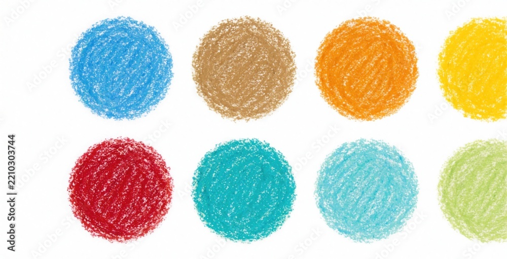 Naklejka premium Eight multicolored circles drawn with oil pencils on white background. Bright wax crayon strokes create textured round shapes. Abstract art pattern with various colors including blue, red, orange,