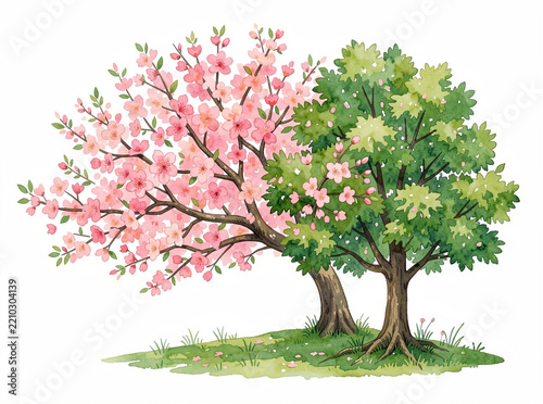Cartoon image of two trees in spring, with pink blossoms.