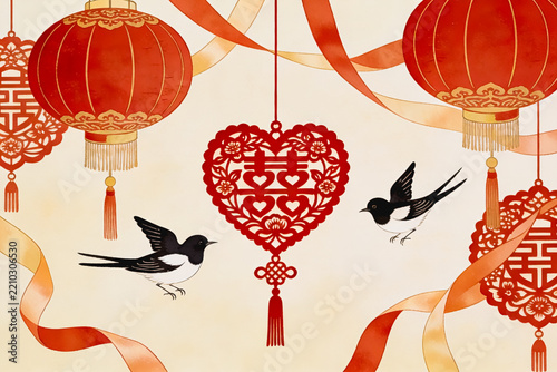 Traditional Chinese Wedding Decorations with Magpies and Red Lanterns