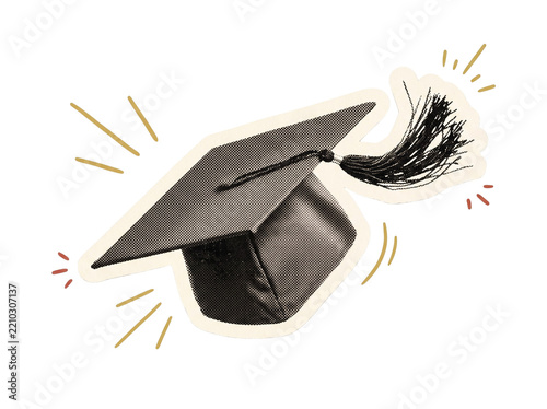 Fotografie Graduation cap halftone sticker design with decorative tassel and spark lines is