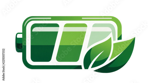 Green battery icon with leaves, isolated on transparent background