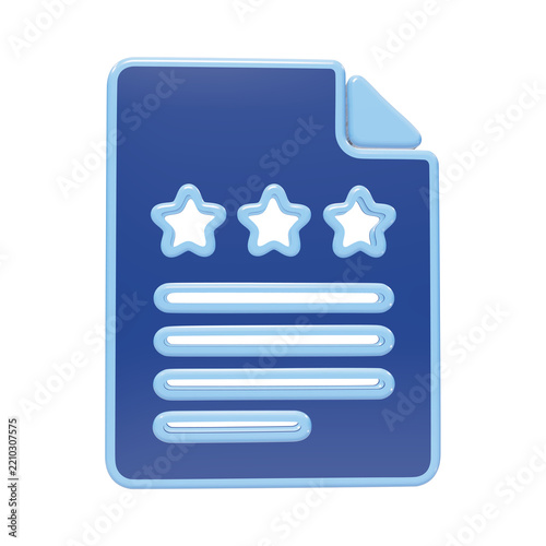 3D blue document icon with three stars and text lines for customer support review isolated on a transparent background