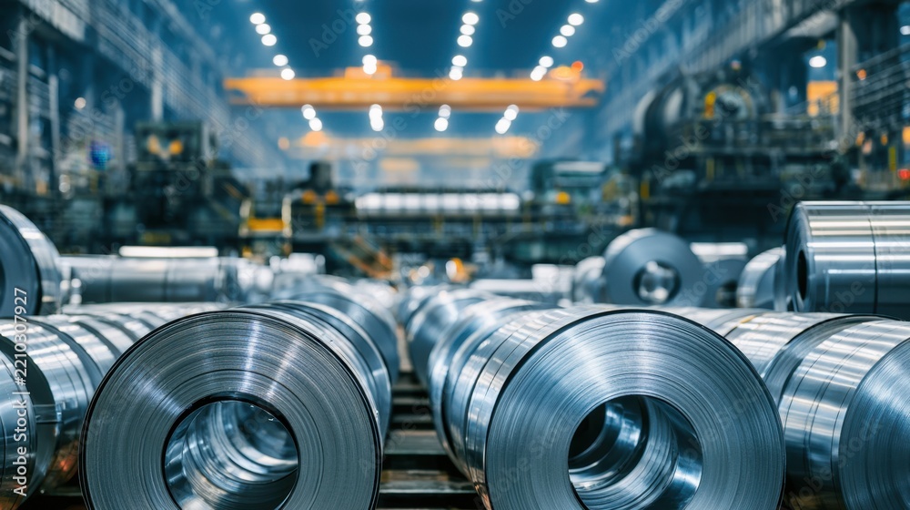 Fototapeta premium large industrial warehouse filled with huge reflective steel coils and machinery