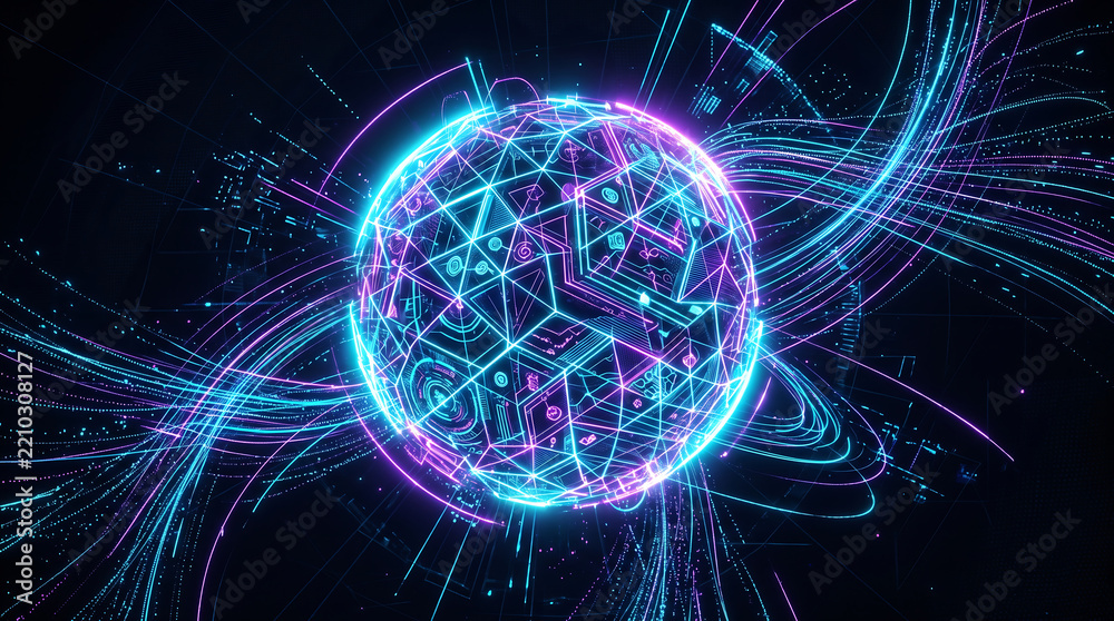 Fototapeta premium Abstract Glowing Cyan and Purple Geometric Wireframe Sphere with Fiber Optic Light Trails Global Network Technology Concept 