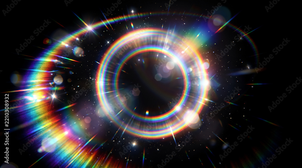 Fototapeta premium Vibrant Rainbow Lens Flare Rings with Star Particles on Black