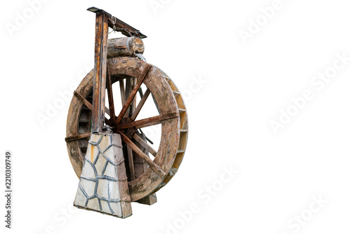A historic wooden water wheel and watermill mechanism with an isolated stone base on a transparent base.