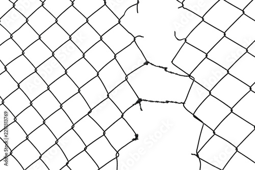 The texture of the metal mesh on a white background. Torn steel, metal mesh with holes