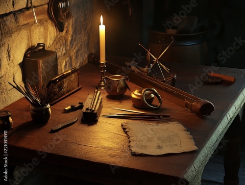Documentary Medieval Mapmaker Workbench With Navigation Instruments