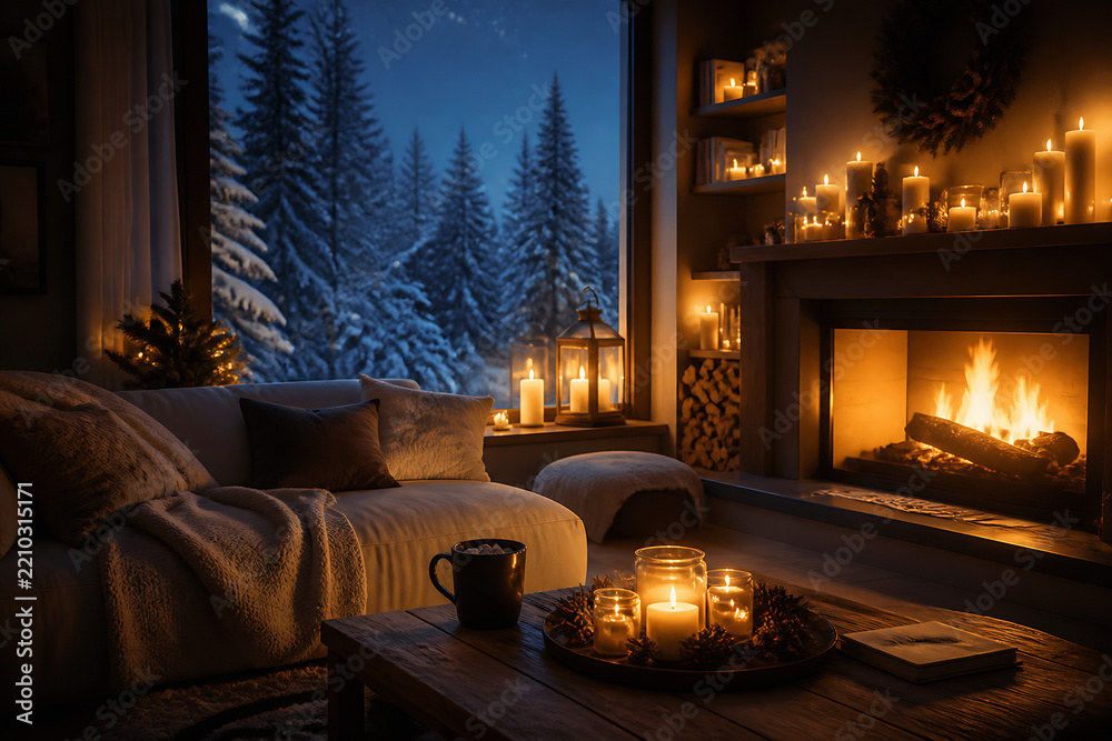 Fototapeta premium A cozy living room scene with a fireplace, warm lighting from candles and the fire, and a comfortable sofa overlooking a snowy forest.