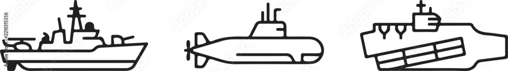 Fototapeta premium Naval defense icon set featuring military warships and submarine silhouettes
