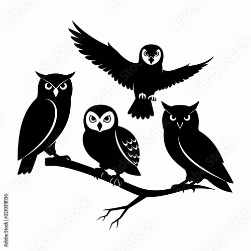 Black silhouette of four owls perched on a branch against a white background