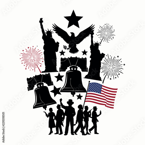 American patriotic silhouettes including liberty statue bells and waving flag