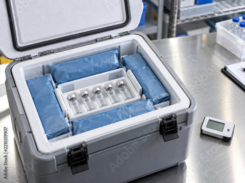 Pharmaceutical cold chain transport box with temperature sensitive vials