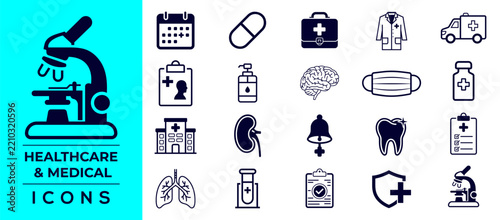 Healthcare and Medical Icons Collection, Hospital, Medicine, Doctor and Laboratory Vector Icons Set