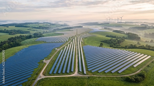 Vast solar panels array generating clean renewable electricity in green countryside during sunrise