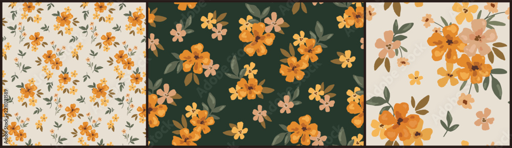 Fototapeta premium Seamless floral pattern, liberty ditsy print of romantic bouquets in rustic motif. Cute botanical design collection. Small yellow flowers, tiny leaves, delicate watercolor plants. Vector illustration.
