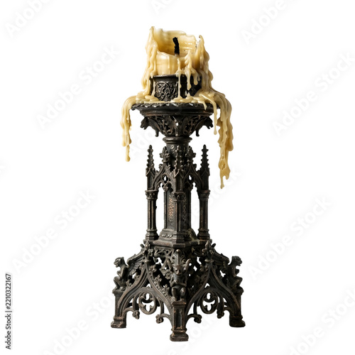 Antique Bronze Candlestick with Candle and Cross Detail Isolated on White Background, Vintage Metal Religious Decoration and Classic Home Interior Object