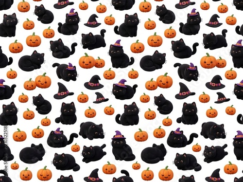 3D Seamless Pattern with Black Cat, Mini Pumpkins and Witch Hat