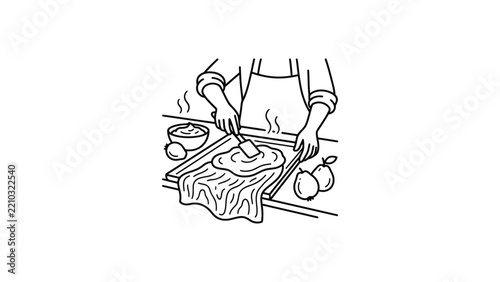 Chef Spreading Dough on Baking Sheet, Homemade Pastry Preparation, Steaming Food Illustration