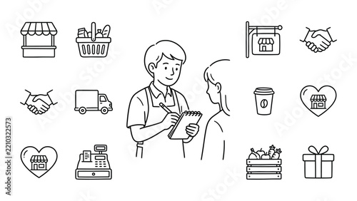 Customer Service Interaction: Grocer Taking Order with Icons of Store, Delivery Truck, Shopping Basket, Cash Register, Heart, Gift, Coffee Cup, Handshake