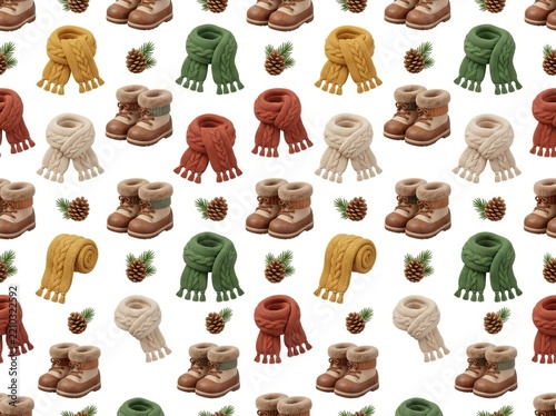 3D Seamless Pattern with Winter Boots, Scarf and Pine Cone