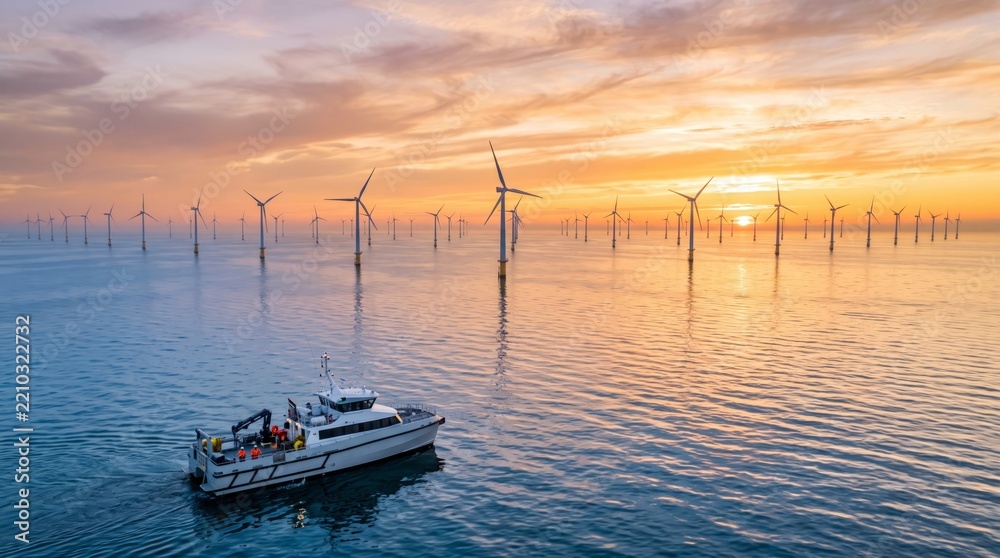 Fototapeta premium Modern offshore wind turbine farm generates clean renewable energy during a vibrant golden sunset