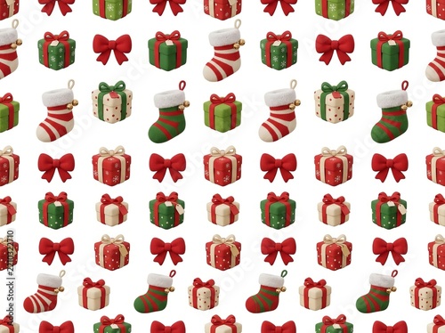 3D Seamless Pattern with Gift Box, Christmas Stocking and Red Bow