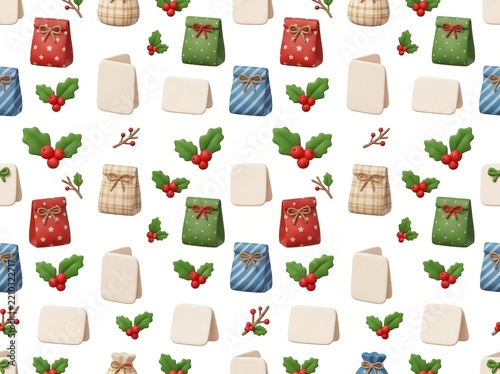 3D Seamless Pattern with Gift Bag, Blank Christmas Card and Holly Branches