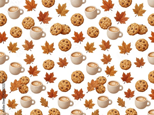 3D Seamless Pattern with Coffee Cup, Oatmeal Cookies and Maple Leaves