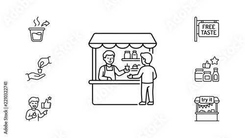 Coffee Tasting Booth: Customer Sampling Drink from Vendor at Market Stall, Free Taste Sign, Hot Beverage Icons