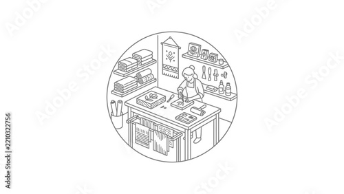 Artist working at desk in creative studio, crafting and painting supplies, craft room, hobby illustration