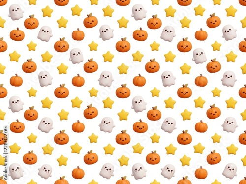 3D Seamless Pattern with Little Ghost, Pumpkin and Yellow Stars