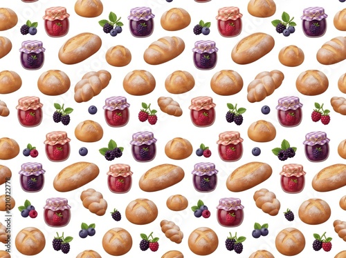 3D Seamless Pattern with Jam Jar, Fresh Bread and Dark Berries