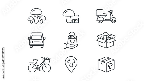 Mushroom Delivery Icons: Scooter, Van, Bike, Box, Bag & Location Pin - Vector Set