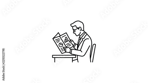 Businessman Reading Financial Report with Charts and Graphs, Office Work and Analysis Concept, Line Art Illustration