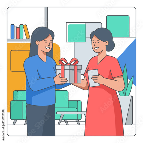 Woman giving a gift to another woman, surprise, celebration, happy moment, flat illustration