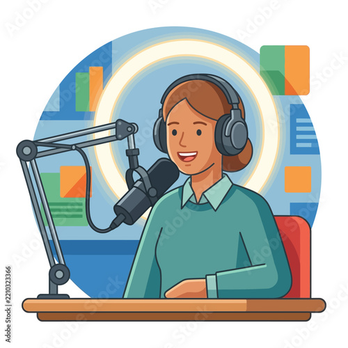 Woman Podcaster Speaking Into Microphone with Headphones and Ring Light