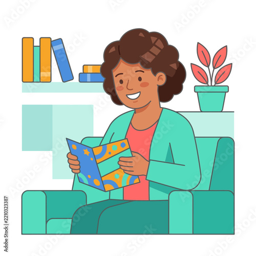 Woman reading a book in a comfortable armchair, surrounded by books and plants.