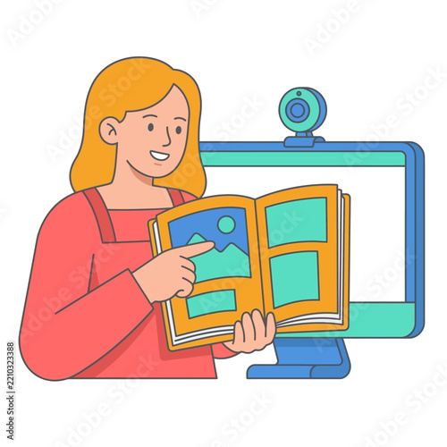 Woman Presenting Online Course With Digital Book and Computer