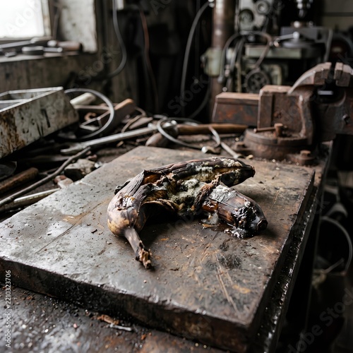 Burned Animal Remains on Charred Surface in Abandoned Workshop.
