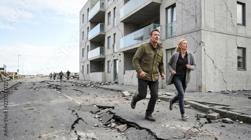People running away from a natural disaster on a cracked street