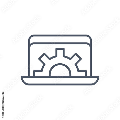 Modern outline laptop icon with gear, technical configuration and system maintenance symbol, software engineering and digital processing vector