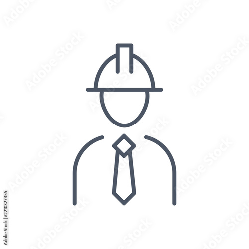 Professional engineer icon with hard hat and necktie, construction manager avatar line art, industrial architect vector for corporate safety profile