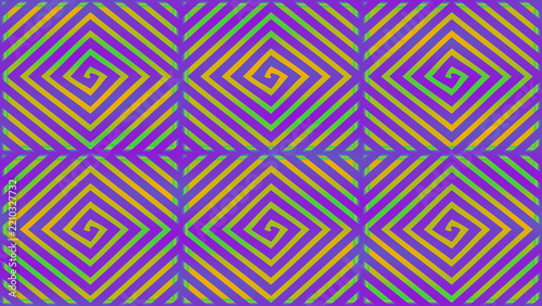 Repetitive mosaic of concentric squares forming a vibrant op art pattern in purple, green, and yellow tones.