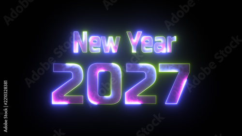 New year 2027 text sign with chromatic aberration neon effect on black background