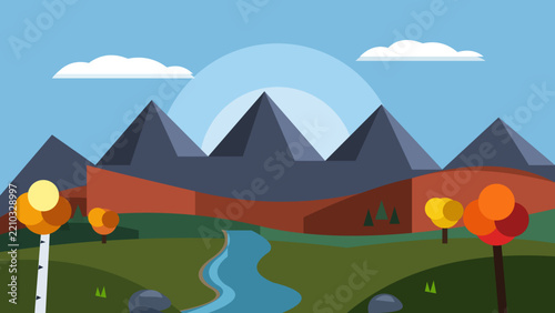 Autumn Mountain Valley Landscape with Winding River and Colorful Trees Vector Illustration