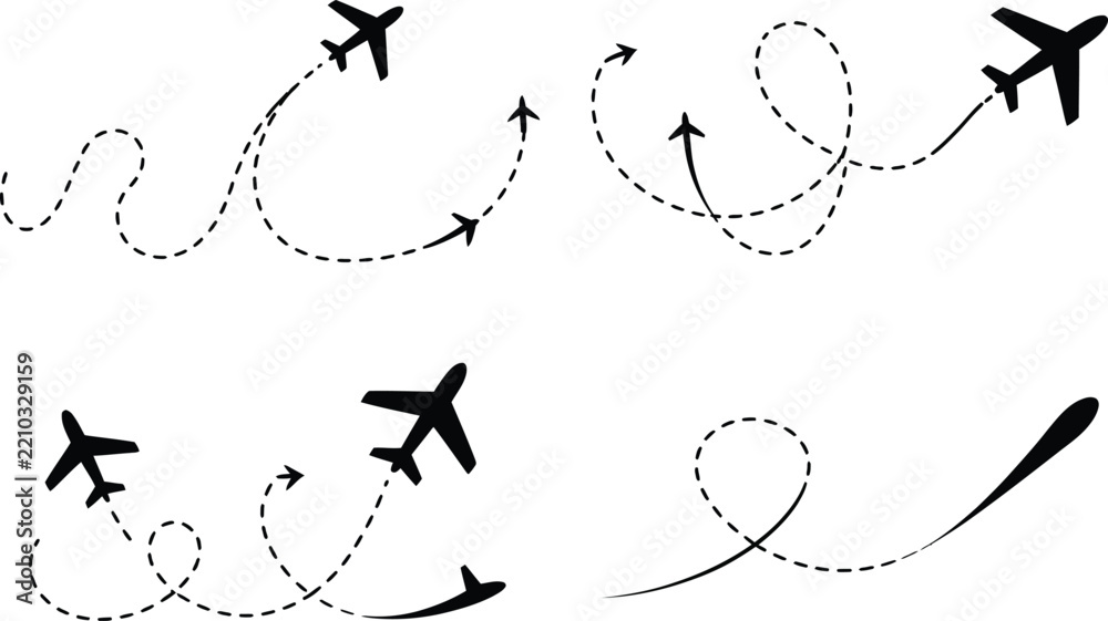 Obraz premium Abstract black airplane silhouettes with varied curly dotted flight path lines dotted line air travel route map travel plans air transport airplane icon dashed line airplane
