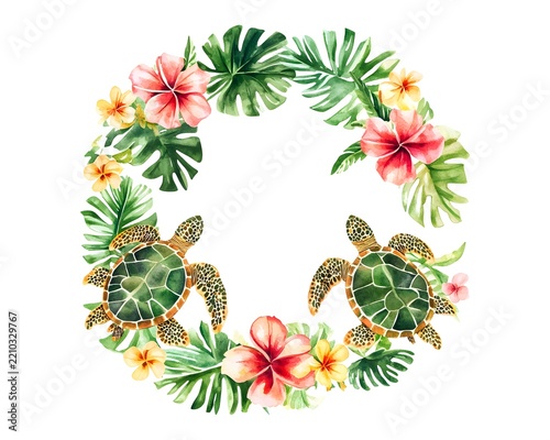 Sea Turtles and Tropical Flowers Wreath Watercolor Illustration